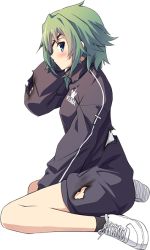 Rule 34 | 1girl, black socks, blush, eyepatch, full body, green eyes, green hair, grey jacket, hair between eyes, jacket, kantai collection, kiso (kancolle), long sleeves, official art, open mouth, shoes, short hair, sneakers, socks, solo, torn clothes, torn jacket, transparent background, ugume, white footwear
