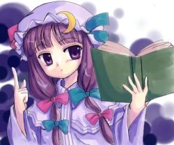 Rule 34 | 1girl, :o, blunt bangs, blush, book, bow, crescent, crescent hair ornament, female focus, hair ornament, hat, holding, holding book, index finger raised, long hair, looking at viewer, mob cap, open book, open mouth, patchouli knowledge, pink bow, purple eyes, purple hair, sidelocks, solo, tilm, touhou, upper body, very long hair