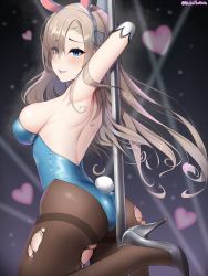 Rule 34 | animal ears, armpits, asuna (blue archive), asuna (bunny) (blue archive), backless outfit, blonde hair, blue archive, blue eyes, breasts, elbow gloves, fake animal ears, fake tail, gloves, heart, high heels, highres, leotard, medium breasts, natetheknife, pantyhose, playboy bunny, pole, pole dancing, rabbit tail, skindentation, stripper pole, tail, torn clothes, torn legwear