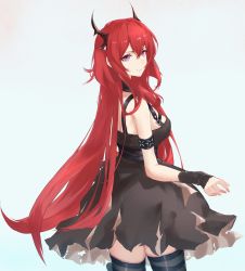 Rule 34 | 1girl, arknights, bare shoulders, black dress, black horns, black thighhighs, breasts, cleavage, closed mouth, collarbone, demon girl, detached collar, dress, from side, highres, horns, blue background, long hair, looking at viewer, looking to the side, maho (drmaho1), medium breasts, off shoulder, purple eyes, red hair, sleeveless, sleeveless dress, smile, solo, surtr (arknights), thighhighs, very long hair, zettai ryouiki