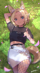 Rule 34 | 1girl, absurdres, animal ears, arm up, artist name, blonde hair, blue eyes, blush, closed mouth, dappled sunlight, day, eyebrows, fishnet pantyhose, fishnets, fox ears, fox tail, grass, highres, looking at viewer, lying, nail polish, on back, original, outdoors, pantyhose, pointing, pointing at viewer, purple nails, sakuhiko, shade, short hair, signature, skirt, smile, solo, sunlight, tail, white skirt