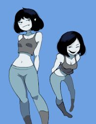 Rule 34 | 1girl, adventure time, bite mark, black hair, boots, breasts, colored skin, commentary, english commentary, fangs, grey skin, highres, leaning forward, looking at viewer, marceline abadeer, medium breasts, mr plagu3, navel, official alternate costume, pointy ears, short hair, vampire