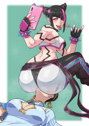Rule 34 | 2girls, absurdres, ass, asymmetrical bangs, black hair, bracelet, breasts, candy, capcom, cellphone, chaps, chun-li, cirenk, cleavage, cleavage cutout, clothing cutout, fingerless gloves, food, gloves, hair horns, hair over one eye, han juri, highres, huge ass, jewelry, lollipop, multiple girls, naughty face, open mouth, phone, sitting, sitting on face, sitting on person, smartphone, smartphone case, spiked bracelet, spikes, street fighter, street fighter 6, tongue, tongue out, yuri