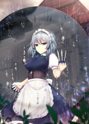Rule 34 | 1girl, apron, between fingers, blue dress, blue eyes, blurry, blurry foreground, bow, bowtie, braid, breasts, commentary request, corset, cowboy shot, dress, green bow, green bowtie, hair between eyes, hair bow, highres, holding, holding knife, izayoi sakuya, knife, knives between fingers, large breasts, looking at viewer, maid apron, maid headdress, petticoat, plant, puffy short sleeves, puffy sleeves, rain, scarlet devil mansion, short hair, short sleeves, silver hair, sinkai, solo, standing, touhou, twin braids, waist apron, water drop, white apron