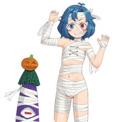 Rule 34 | &gt;:d, 1girl, :d, bandages, bandaged arm, bandaged head, bandaged leg, blue eyes, blue hair, blush stickers, claw pose, commentary request, grin, halloween, hands up, heterochromia, jack-o&#039;-lantern, kitano (kitanosnowwhite), looking at viewer, naked bandage, navel, open mouth, pumpkin, red eyes, short hair, simple background, smile, solo, standing, tatara kogasa, teeth, touhou, umbrella, v-shaped eyebrows, white background