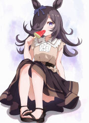 Rule 34 | 1girl, alternate costume, animal ears, black footwear, blush, bow, brown hair, brown skirt, commentary request, convenient leg, ear bow, feet, flat chest, food, food in mouth, full body, hair over one eye, highres, horse ears, knees up, legs, long hair, looking at viewer, musicccc, popsicle, purple eyes, rice shower (umamusume), sandals, shirt, sitting, skirt, sleeveless, sleeveless shirt, solo, strappy heels, sweatdrop, toenails, toes, umamusume, umamusume: road to the top, watermelon bar, yellow shirt