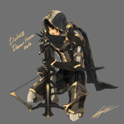 Rule 34 | 1boy, armor, black hair, bow (weapon), character name, copyright name, crossbow, demon hunter, diablo (series), diablo 3, full body, grey background, hiryuu, hood, male focus, on one knee, simple background, solo, weapon