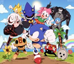 Rule 34 | 2boys, 3girls, 4others, amy rose, bendedede, bird, black dress, black eyes, black sclera, blue fur, blue sky, classic amy rose, cloud, colored sclera, dr. eggman, dress, flicky (character), flower, flying, furry, furry female, furry male, giganto (sonic frontiers), glasses, gloves, grass, hedgehog, hedgehog ears, highres, koco (sonic), metal sonic, multiple boys, multiple girls, multiple others, open mouth, orange skirt, palm tree, pink fur, pleated skirt, rainbow, red eyes, red footwear, red shirt, robot, running, sage (sonic), shirt, shoes, skirt, sky, smile, sneakers, socks, sonic (series), sonic cd, sonic frontiers, sonic superstars, sonic the hedgehog, sonic the hedgehog (classic), sonic the hedgehog 1, sun, sunflower, super sonic, tree, trip the sungazer, v, white gloves, white hair, white socks