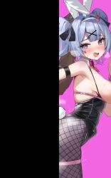 Rule 34 | 1boy, 1girl, against wall, animal ears, bare shoulders, black leotard, blue eyes, blue hair, blunt bangs, blush, bow, bowtie, breasts, breasts out, commentary request, cowboy shot, dark-skinned male, dark skin, detached collar, fake animal ears, fake tail, fishnets, grabbing another&#039;s hair, hair ornament, hairband, hatsune miku, hetero, highres, implied sex, interracial, leotard, leotard pull, long hair, motion lines, multicolored hair, necktie, open mouth, out of frame, pink background, pink bow, pink bowtie, pink hair, pink necktie, pink pupils, playboy bunny, rabbit ears, rabbit hair ornament, rabbit hole (vocaloid), rabbit tail, saliva, sex, sex from behind, spaghetti strap, stealth sex, stomach bulge, streaked hair, tail, twintails, two-tone hair, very dark skin, vocaloid, white hairband, x hair ornament, yute chaso