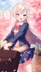 Rule 34 | 1girl, absurdres, bag, blazer, blue eyes, blue jacket, blue skirt, blurry, blurry background, blush, bow, bowtie, braid, cardigan, cherry blossoms, collared shirt, commentary request, day, earrings, frilled skirt, frills, grey hair, highres, hisakawa hayate, holding, holding bag, idolmaster, idolmaster cinderella girls, jacket, jewelry, long hair, long sleeves, looking at viewer, miniskirt, open mouth, outdoors, petals, pink bow, pink bowtie, plaid, plaid skirt, school bag, school uniform, senriyama, shirt, skirt, smile, solo, standing, teeth, translated, uniform, upper teeth only, very long hair, white shirt, wing collar