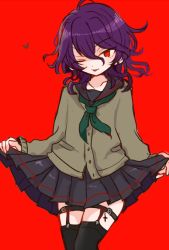 Rule 34 | 10s, 1boy, androgynous, clothes lift, crossdressing, earrings, ensemble stars!, heart, jewelry, looking at viewer, male focus, nisi888, one eye closed, purple hair, red background, red eyes, sakuma rei (ensemble stars!), school uniform, simple background, skirt, skirt lift, smile, solo, sweater, thighhighs, tongue, tongue out, trap, tsurime