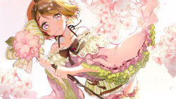 Rule 34 | 1girl, bare shoulders, black ribbon, blush, brown hair, closed mouth, collarbone, dutch angle, floating hair, flower, green skirt, hair between eyes, highres, holding, koizumi hanayo, long sleeves, looking at viewer, love live!, love live! school idol project, miniskirt, naarann, pink eyes, pink flower, ribbon, short hair, skirt, smile, solo, striped clothes, striped skirt, thighhighs, wide sleeves, zettai ryouiki