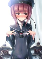 Rule 34 | 10s, 1girl, bad id, bad pixiv id, blush, brown eyes, brown hair, clothes writing, dress, flat chest, fukai ryosuke, gun, hat, kantai collection, looking at another, sailor dress, signature, solo, sweatdrop, torpedo, turret, weapon, z3 max schultz (kancolle)