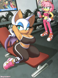 Rule 34 | 3boys, 4girls, amy rose, artist name, bat wings, blaze the cat, blue eyeshadow, breasts, bursting breasts, cleavage, dumbbell, earphones, english text, eyelashes, eyeshadow, fighting, full body, furry, furry female, green eyes, gym, hair ornament, hairpin, half-closed eyes, hand on own hip, highres, holding, holding phone, indoors, kneeling, knuckles the echidna, large breasts, lips, lipstick, looking at phone, looking at viewer, makeup, medium breasts, microphone, midriff, multiple boys, multiple girls, navel, news, omegasunburst, pants, phone, pink lips, plump, ponytail, reporter, rouge the bat, shadow, shadow the hedgehog, sonic (series), sonic the hedgehog, sports bra, standing, teeth, television, tennis, thick thighs, thighs, thong, tying hair, upper teeth only, wide hips, wings, yoga pants
