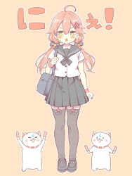 1girl 35p_(sakura_miko) ahoge alternate_costume bag black_footwear black_neckerchief black_sailor_collar black_skirt black_thighhighs blush cat commentary_request flower full_body green_eyes hair_flower hair_ornament hololive ishida_aya long_hair looking_at_viewer low_twintails mixed-language_commentary neckerchief pink_hair pleated_skirt red_wristband sailor_collar sakura_miko school_bag school_uniform serafuku shoulder_bag simple_background skirt solo standing thighhighs triangle_mouth twintails virtual_youtuber zettai_ryouiki