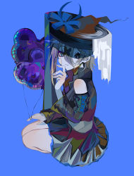 Rule 34 | 1girl, absurdres, asymmetrical hair, balloon, bare shoulders, black hat, black skirt, blue background, blue eyes, blue ribbon, bright pupils, closed mouth, commentary request, cross-laced clothes, cross-laced sleeves, detached sleeves, feet out of frame, fingernails, full body, grey hair, hair between eyes, hair ornament, hand up, hat, hat ribbon, highres, holding, indie virtual youtuber, long fingernails, looking at viewer, partial commentary, pleated skirt, ribbon, shade, short hair, sidelocks, simple background, skirt, solo, squatting, thighs, virtual youtuber, x hair ornament, yuu rei (yuurei), yuurei (0530sinsatona)