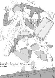 Rule 34 | ..., 2girls, absurdres, animal print, ankle boots, asimo (hakurei10201), ass, assault rifle, bag, beret, boots, breasts, bullet, cat print, commentary request, english text, faceplant, fallen down, feet up, female pov, from above, full body, g11 (girls&#039; frontline), girls&#039; frontline, gloves, greyscale, gun, h&amp;k g11, h&amp;k hk416, h&amp;k usp, handgun, hat, highres, hk416 (girls&#039; frontline), holding, holding gun, holding weapon, jacket, long hair, long sleeves, lying, magazine (weapon), miniskirt, monochrome, multiple girls, on stomach, panties, plaid, plaid skirt, pov, rifle, shoe soles, simple background, skindentation, skirt, solo focus, spoken ellipsis, thighhighs, underwear, unworn hat, unworn headwear, very long hair, weapon, white background