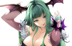 Rule 34 | 1girl, arm behind head, bare shoulders, bat wings, breasts, bridal gauntlets, cleavage, collarbone, commentary, demon girl, eyeshadow, fangs, feather trim, green eyes, green hair, hair over breasts, head wings, highres, holding, holding own hair, large breasts, long hair, makeup, mikamiruka 0728, morrigan aensland, open mouth, simple background, smile, solo, upper body, vampire (game), white background, wings