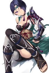 Rule 34 | 1girl, armor, black choker, black gloves, blue hair, breasts, cait aron, choker, cleavage, commentary, fingerless gloves, fire emblem, fire emblem: three houses, fire emblem heroes, gloves, headband, highres, looking at viewer, medium breasts, nintendo, official alternate costume, parted lips, purple eyes, sandals, shamir nevrand, short hair, short shorts, shorts, shoulder armor, shuriken, simple background, sitting, solo, thighs, torn clothes, weapon, white background
