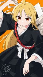 Rule 34 | 1girl, absurdres, ahoge, alternate costume, artist name, blonde hair, blush, bocchi the rock!, clothing request, collarbone, highres, ijichi seika, long hair, long sleeves, looking at viewer, open mouth, orange background, red eyes, signature, simple background, solo, wide sleeves, zetsuyo chimayo