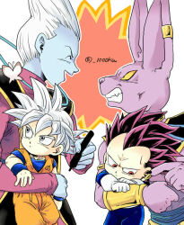 Rule 34 | 4boys, :d, angry, beerus, blue skin, bodysuit, bracelet, bug, butterfly, chibi, clenched teeth, closed eyes, colored skin, commentary, dougi, dragon ball, dragon ball super, ear ornament, ear piercing, english commentary, false smile, fingernails, gloves, grey eyes, grey hair, holding, holding pen, insect, jewelry, long sleeves, looking at another, looking down, looking to the side, male focus, mixed-language commentary, multiple boys, open mouth, pants, pen, piercing, purple eyes, purple hair, sash, senka-san, sharp fingernails, shirt, smile, son goku, spiked hair, tall hair, teeth, twitter username, ultra ego (dragon ball), ultra instinct, vegeta, whis