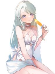 Rule 34 | breasts, flower, food, grey hair, hair flower, hair ornament, highres, kantai collection, long hair, looking at viewer, o-ring, official alternate costume, one-piece swimsuit, popsicle, purple eyes, ranran 3939, sagiri (kancolle), simple background, small breasts, swimsuit