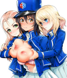 Rule 34 | 10s, 3girls, andou (girls und panzer), black hair, blonde hair, blue eyes, blue hat, blue jacket, blue vest, blush, bra, bra pull, breasts, brown eyes, cleavage, closed mouth, clothes pull, commentary request, frown, girls und panzer, grabbing, grabbing from behind, groping, hat, high collar, jacket, lace, lace-trimmed bra, lace trim, large breasts, long hair, long sleeves, looking at another, looking at viewer, marie (girls und panzer), multiple girls, nakasone haiji, navel, nipples, open clothes, open shirt, oshida (girls und panzer), pink bra, pleated skirt, shako cap, shirt, short hair, simple background, skirt, smile, standing, sweat, underwear, vest, white background, white shirt, white skirt