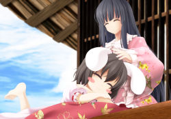 Rule 34 | 2girls, :3, ^ ^, animal ears, black hair, blue sky, blurry, blush stickers, carrot necklace, closed eyes, day, depth of field, evandragon, closed eyes, highres, houraisan kaguya, inaba tewi, long hair, lying, lying on lap, lying on person, multiple girls, necklace, on stomach, rabbit ears, short hair, sitting, sky, touhou
