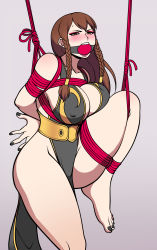 Rule 34 | 1girl, alternate costume, alternate hairstyle, ball gag, barefoot, bdsm, bondage, bound, braid, breasts, brown hair, capcom, china dress, chinese clothes, chun-li, cleavage, curvy, dress, covered erect nipples, female focus, forced, gag, gagged, highres, jam-orbital, jewelry, large breasts, leg lift, legs up, long hair, looking at viewer, rope, simple background, spikes, street fighter, street fighter v, sweat, thick thighs, thighs