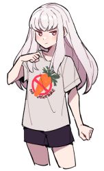 Rule 34 | 1girl, arm at side, blush, carrot, carrot print, casual, clenched hand, closed mouth, clothes writing, cowboy shot, cropped legs, do m kaeru, fire emblem, fire emblem: three houses, food print, frown, jitome, long hair, looking at viewer, lysithea von ordelia, nintendo, pink eyes, pointing, pointing down, shirt, short sleeves, shorts, sidelocks, simple background, solo, t-shirt, white background, white hair, white shirt