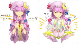Rule 34 | 1girl, birthday, blush, book, bow, cake, candle, capelet, closed eyes, crescent, english text, food, hair bow, hat, hat bow, koakuma, long hair, long sleeves, looking at viewer, mob cap, open book, open mouth, patchouli knowledge, pop-up book, purple eyes, purple hair, remilia scarlet, satoukouki, simple background, smile, solo, text focus, touhou, white background, wide sleeves