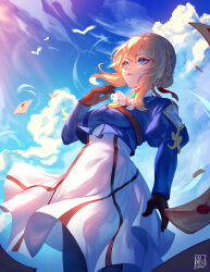 Rule 34 | 1girl, absurdres, alina l, black gloves, black pantyhose, blonde hair, blue eyes, blue jacket, braid, closed mouth, cloud, day, dress, floating hair, from below, gloves, hair ribbon, highres, jacket, letter, long sleeves, outdoors, pantyhose, red ribbon, ribbon, short dress, short hair with long locks, sidelocks, solo, standing, violet evergarden, violet evergarden (series), white dress
