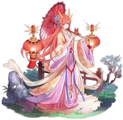 Rule 34 | 1girl, ark order, artist request, bug, butterfly, butterfly on hand, chinese clothes, closed mouth, dress, earrings, energy horns, faux figurine, fence, full body, grass, green eyes, hair ornament, hanfu, holding, holding umbrella, insect, jewelry, lantern, long hair, long sleeves, looking at viewer, necklace, official art, oil-paper umbrella, pink dress, red hair, shawl, sidelocks, smile, solo, stairs, stone, tassel, transparent background, tree, umbrella, very long hair, wide sleeves, xihe (ark order)
