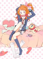 Rule 34 | 10s, 1girl, aikatsu!, aikatsu! (series), alarm clock, asymmetrical legwear, bed, blush, boots, unworn boots, bow, brown hair, cellphone, clock, clothes, embarrassed, feet, frilled pillow, frills, full body, hair ribbon, heart, heart-shaped pillow, knee boots, long hair, looking at viewer, loose socks, messy hair, messy room, mokeo, on bed, ozora akari, open mouth, partially undressed, phone, pillow, pink bow, red eyes, ribbon, side ponytail, simple background, sitting, slippers, unworn slippers, smartphone, socks, solo, tying hair, uneven legwear, white footwear