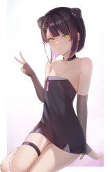 Rule 34 | 1girl, :/, arm support, bare shoulders, barefoot, black choker, black dress, black hair, blush, bob cut, border, breasts, can zhu, choker, closed mouth, collarbone, commentary, cone hair bun, detached sleeves, double bun, dress, gradient background, green eyes, green nails, hair bun, hair ornament, hairclip, highres, looking at viewer, multicolored hair, nail polish, original, pink hair, short dress, short hair, sitting, sleeves past wrists, small breasts, solo, strapless, strapless dress, streaked hair, swept bangs, symbol-only commentary, thigh strap, thighs, toenail polish, toenails, two-tone hair, v, white border, x hair ornament, yokozuwari