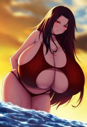Rule 34 | 1girl, bare shoulders, bikini, breasts, brown hair, choker, cleavage, closed mouth, commission, forehead, frown, gigantic breasts, glowing, glowing eyes, highres, kaitofuuma, leaning forward, long hair, looking at viewer, original, outdoors, red bikini, red eyes, skindentation, solo, sunset, swimsuit, wading, water