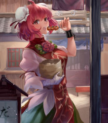 Rule 34 | 1girl, ahoge, amano hagoromo, bag, bandaged arm, bandages, blush, breasts, building, bun cover, chain, commentary request, cowboy shot, cuffs, dango, double bun, flower, food, green skirt, hair between eyes, hair bun, hand up, highres, holding, holding bag, holding food, ibaraki kasen, large breasts, looking at viewer, mitarashi dango, open mouth, outdoors, pink flower, pink hair, pink rose, puffy short sleeves, puffy sleeves, red eyes, rose, shackles, shirt, short hair, short sleeves, skirt, solo, standing, tabard, touhou, translation request, wagashi, white shirt