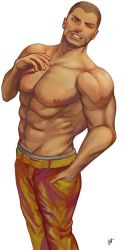 Rule 34 | 1boy, abs, bara, belt, clenched teeth, collarbone, commentary, creatures (company), dark-skinned male, dark skin, facial hair, fingernails, game freak, green eyes, hand in pocket, hand up, head back, highres, looking at viewer, male focus, muscular, nintendo, nipples, one eye closed, orange pants, pants, pectorals, peony (pokemon), pokemon, pokemon swsh, short hair, signature, simple background, solo, teeth, toned, toned male, topless male, very short hair, waiwai mura, white background