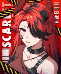 1girl black_choker black_hair breasts choker facial_mark hair_over_one_eye highres horns kingrainbow long_hair looking_at_viewer medium_breasts multicolored_hair open_mouth original red_background red_eyes red_hair red_shirt shirt simple_background solo