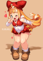 Rule 34 | 1girl, ;d, blonde hair, blush, brown background, brown footwear, character name, commentary request, cross, detached sleeves, earrings, flipped hair, full body, green eyes, hand up, hat, heart, highres, index finger raised, jewelry, kururu (little princess), leaning forward, long hair, looking at viewer, marl kingdom, nippon ichi, one eye closed, open mouth, outstretched arm, outstretched hand, red hat, red shorts, shadow, shoes, short shorts, shorts, sidelocks, smile, socks, solo, standing, white socks, yu 3