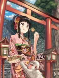 Rule 34 | 1girl, agetake, food, highres, japanese clothes, kimono, monkey, nengajou, new year, original, shrine, solo focus, takoyaki, torii