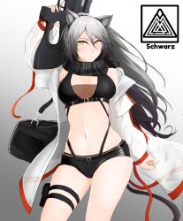 Rule 34 | 1girl, animal ear fluff, animal ears, arknights, arm up, armpits, bag, black scarf, black shorts, bow (weapon), breasts, cat ears, character name, cleavage, closed mouth, commentary request, cowboy shot, crop top, crossbow, gradient background, grey background, groin, hair between eyes, highres, holding, holding bow (weapon), holding crossbow, holding weapon, holster, jacket, large breasts, long hair, long sleeves, looking at viewer, midriff, mikamino96, navel, open clothes, open jacket, ponytail, scarf, schwarz (arknights), short shorts, shorts, sidelocks, silver hair, simple background, solo, standing, striped clothes, striped scarf, thigh holster, underbust, weapon, white background, white jacket, yellow eyes