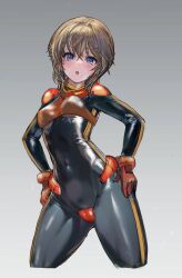 1girl black_bodysuit blue_eyes blush bodysuit cameltoe covered_navel flat_chest gloves gundam gundam_zz hands_on_own_hips highres huo_ji_wu impossible_bodysuit impossible_clothes looking_at_viewer mecha_pilot_suit normal_suit_(gundam) open_mouth orange_hair puru_two shiny_clothes short_hair sidelocks skin_tight solo thighs