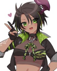 Rule 34 | 1girl, aragami oga, black choker, black hair, blush, breasts, choker, cleavage, collarbone, commentary request, cropped jacket, dark-skinned female, dark skin, eyelashes, fang, genderswap, genderswap (mtf), gloves, green eyes, green hair, heart, high collar, highres, holostars, horns, looking at viewer, medium breasts, mioto (tsubsq m), multicolored hair, open mouth, partially fingerless gloves, see-through, see-through cleavage, see-through shirt, short hair, single horn, solo, streaked hair, underboob, upper body, v, virtual youtuber, white background