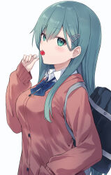 1girl aqua_eyes bag blush breasts brown_cardigan candy cardigan food hair_between_eyes hair_ornament hairclip highres kantai_collection lollipop long_hair long_sleeves looking_at_viewer official_alternate_costume school_bag shikuro_(iorimiyakiyo) shirt smile solo suzuya_(kancolle) upper_body white_shirt