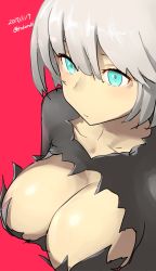 Rule 34 | 1girl, breasts, cleavage, closed mouth, elphelt valentine, graphite (medium), guilty gear, guilty gear xrd, short hair, simple background, solo, traditional media, wardrobe malfunction, white hair, zaki (narashigeo)