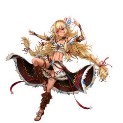 Rule 34 | 1girl, absurdres, action taimanin, blonde hair, breasts, feathers, full body, highres, holding, indian clothes, indian style, knife, lilith-soft, medium breasts, navel, official art, painted face, raura lefria, red eyes, sakiyamama, sandals, simple background, sitting, solo, taimanin (series), tattoo, weapon