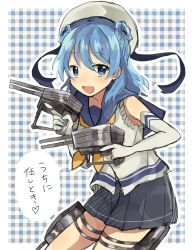 Rule 34 | 10s, 1girl, :d, bad id, bad twitter id, blue eyes, blue hair, double bun, elbow gloves, gloves, gun, hair bun, hat, heart, kantai collection, looking at viewer, matching hair/eyes, neckerchief, open mouth, plaid, plaid background, pleated skirt, sailor hat, school uniform, serafuku, skirt, sleeves rolled up, smile, solo, thigh strap, urakaze (kancolle), usoyo, weapon, white hat, yellow neckerchief