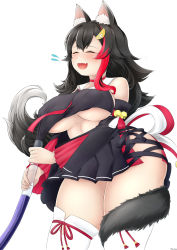 Rule 34 | 1girl, absurdres, animal ear fluff, animal ears, bare shoulders, bell, black hair, black skirt, black sleeves, breasts, choker, closed eyes, clothes pull, crop top, detached sleeves, eyelashes, flying sweatdrops, hair ornament, highres, holding, hololive, large breasts, long hair, mee don, midriff, multicolored hair, ookami mio, open mouth, pleated skirt, red hair, ribbon, side-tie skirt, sidelocks, simple background, skirt, smile, solo, streaked hair, tail, tears, thighhighs, transparent, tube, two-tone hair, underboob, vacuum cleaner, virtual youtuber, white thighhighs, wolf ears, wolf tail, zettai ryouiki