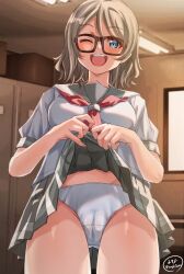 Rule 34 | 1girl, blue eyes, breasts, brown hair, cameltoe, cleft of venus, clothes lift, glasses, highres, looking at viewer, love live!, love live! sunshine!!, medium breasts, non-web source, one-piece swimsuit, one eye closed, open mouth, panties, school uniform, skirt, skirt lift, smile, solo, swimsuit, teeth, thighs, underwear, upper teeth only, watanabe you, wavy hair, yomo